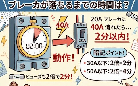 【第二種電気工事士】ブレーカが落ちるまでの時間は？過電流遮断器の20Aに40A流れた時の動作時間とヒューズとの違いを徹底解説