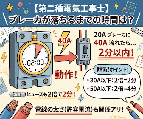 【第二種電気工事士】ブレーカが落ちるまでの時間は？過電流遮断器の20Aに40A流れた時の動作時間とヒューズとの違いを徹底解説