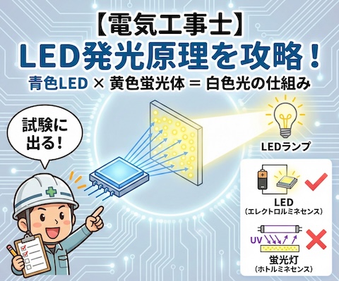 【電気工事士】LEDランプの発光原理は？青色LEDと黄色蛍光体の仕組みを徹底解説