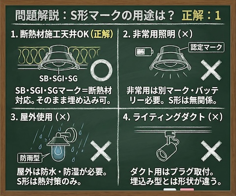 【電気工事士】S形埋込み型照明器具とは？断熱材施工天井の工事ルールとSB・SG・SGIマークの違いを徹底解説の問題の正誤と選択肢の図解説の黒板解説