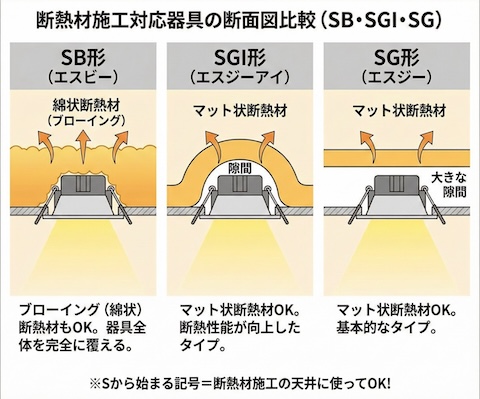 SB形、SGI形、SG形の断面図イラスト。断熱材がどのように被さるかの違いを示す図