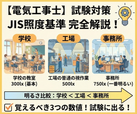 【電気工事士】試験に出るJIS照度基準の覚え方！学校・事務所・工場のルクス数値を完全解説