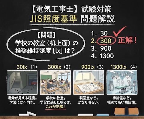【電気工事士】試験に出るJIS照度基準の覚え方！学校・事務所・工場のルクス数値を完全解説の問題の正誤と選択肢の図解説の黒板解説


