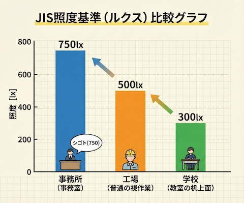 事務所（750lx）、工場（500lx）、学校（300lx）の比較グラフ