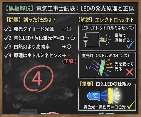 【電気工事士】LEDランプの発光原理は?青色LEDと黄色蛍光体の仕組みを徹底解説の黒板解説