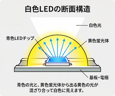 青色LEDチップの周りを黄色蛍光体が覆っている断面構造の図