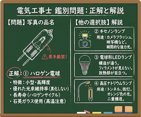 【電気工事士】店舗照明によく使われる「ハロゲン電球」の名称と特徴を完全攻略！の問題の正誤と選択肢の図解説の黒板解説

