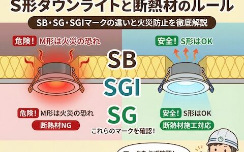 【電気工事士】S形埋込み型照明器具とは？断熱材施工天井の工事ルールとSB・SG・SGIマークの違いを徹底解説