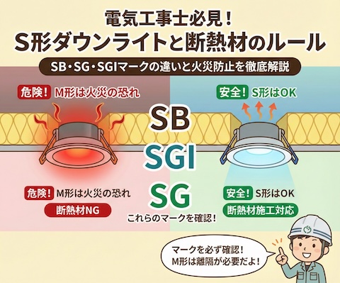 【電気工事士】S形埋込み型照明器具とは？断熱材施工天井の工事ルールとSB・SG・SGIマークの違いを徹底解説