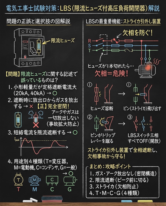 【電気工事士】限流ヒューズ付高圧負荷開閉器 (LBS) とは？ストライカやヒューズ特性を徹底解説の問題の正誤と選択肢の図解説の黒板解説

