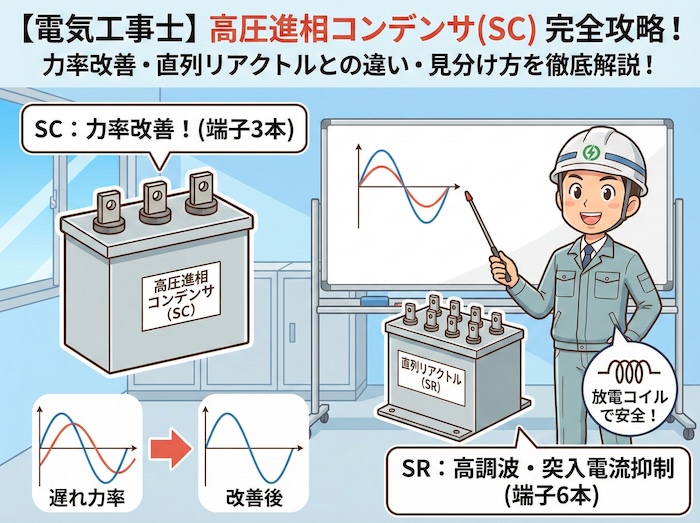 【電気工事士】高圧進相コンデンサ(SC)の役割と正解の見分け方！力率改善と直列リアクトルまで徹底解説