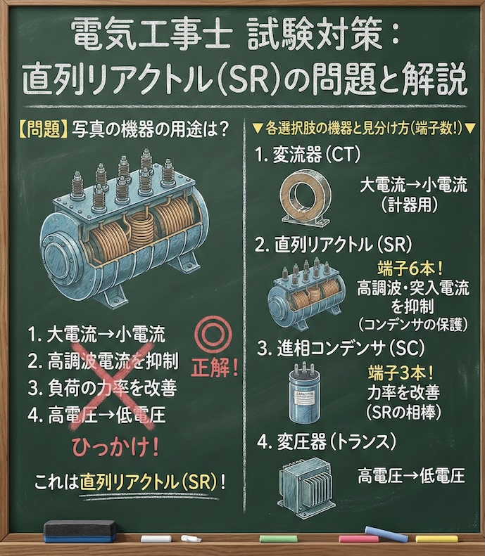 【電気工事士】直列リアクトル(SR)の役割と見分け方！進相コンデンサとの違いや6%の定格を徹底解説の問題の正誤と選択肢の図解説の黒板解説

