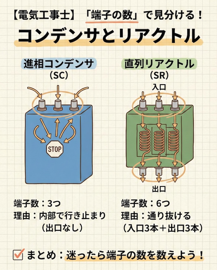 端子数の違いを説明する図(3つと6つの違い)
