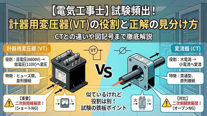 【電気工事士】試験頻出！計器用変圧器(VT)の役割と正解の見分け方｜CTとの違いや図記号まで徹底解説
