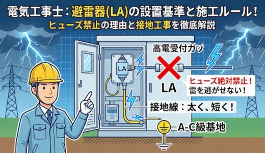 【電気工事士】避雷器(LA)の設置基準と施工ルール！ヒューズ禁止の理由と接地工事を徹底解説