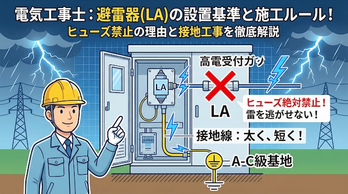 【電気工事士】避雷器(LA)の設置基準と施工ルール！ヒューズ禁止の理由と接地工事を徹底解説