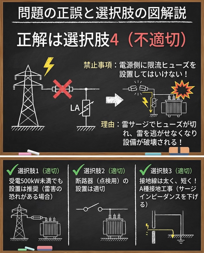 【電気工事士】避雷器(LA)の設置基準と施工ルール！ヒューズ禁止の理由と接地工事を徹底解説の問題の正誤と選択肢の図解説の黒板解説

