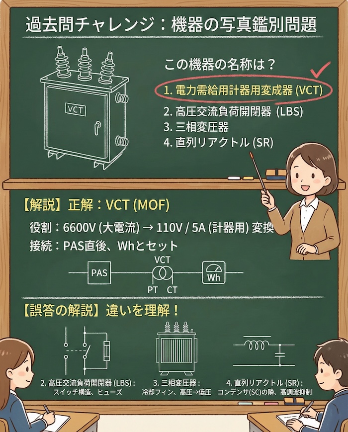 【電気工事士】電力需給用計器用変成器 (VCT) とは？役割やMOFとの違いを過去問で徹底解説の問題の正誤と選択肢の図解説の黒板解説

