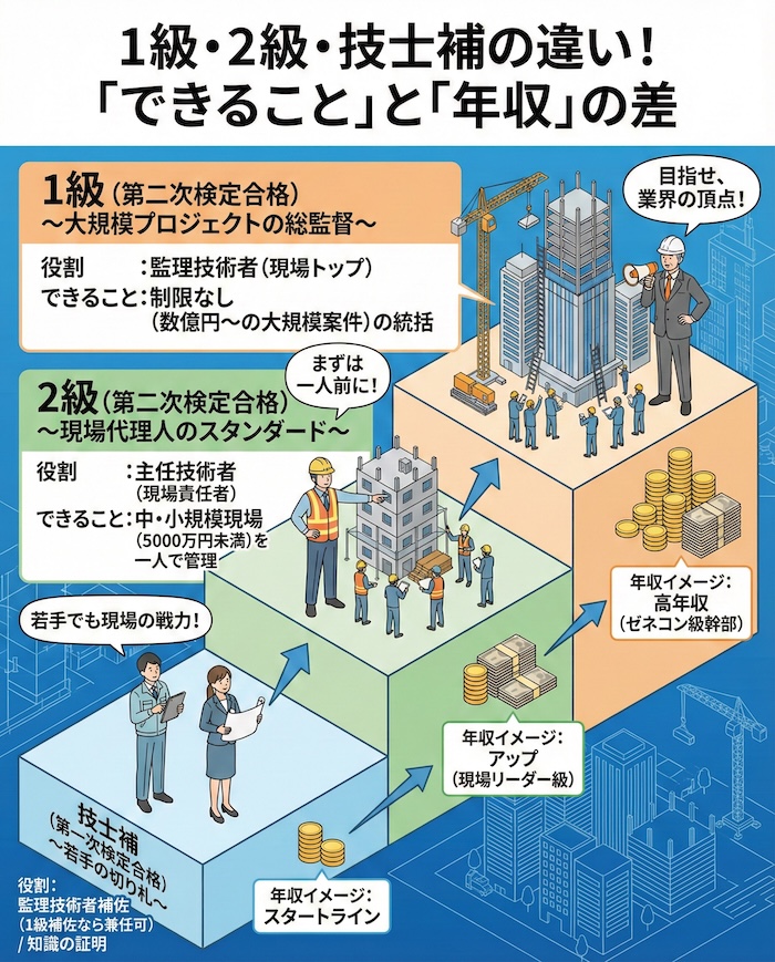 1級・2級・技士補の違い！「できること」と「年収」の差