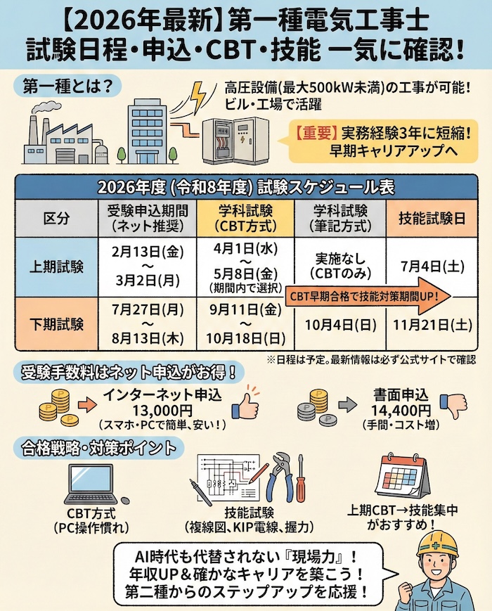 2026年度（令和8年度）第一種電気工事士試験の日程 申込 CBT 技能を一気に確認