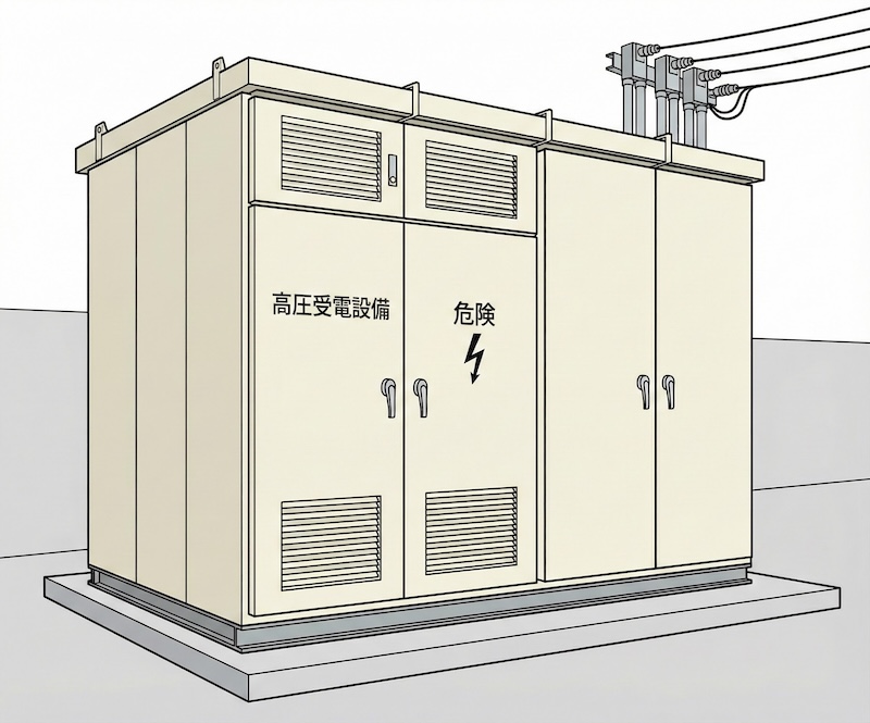 金属製の箱に入ったキュービクル式受電設備の立面画像