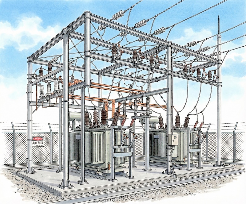 パイプやフレームで組まれた開放形受電設備の図（複雑な配線が見えるもの）