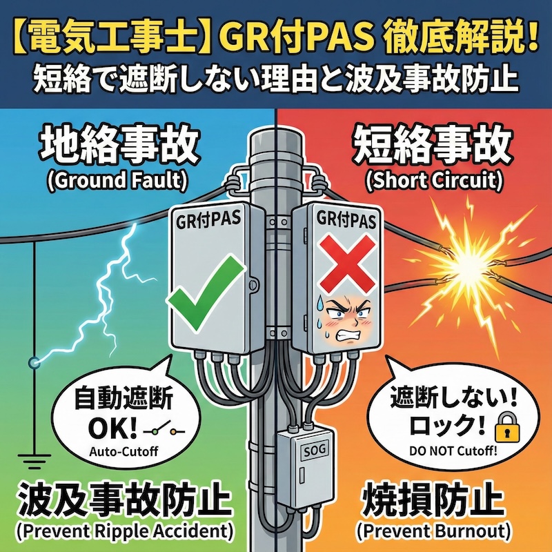 【電気工事士】GR付PAS（地絡継電装置付高圧交流負荷開閉器）徹底解説！短絡で遮断しない理由と波及事故防止