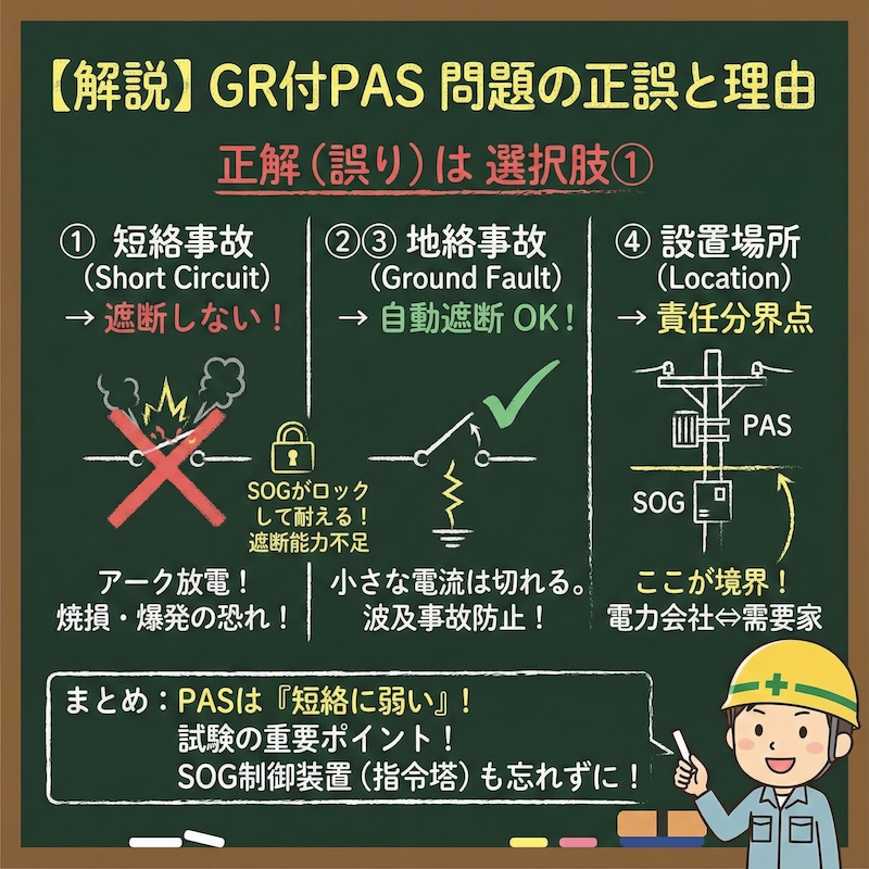 【電気工事士】GR付PAS（地絡継電装置付高圧交流負荷開閉器）徹底解説！短絡で遮断しない理由と波及事故防止の問題の正誤と選択肢の図解説の黒板解説

