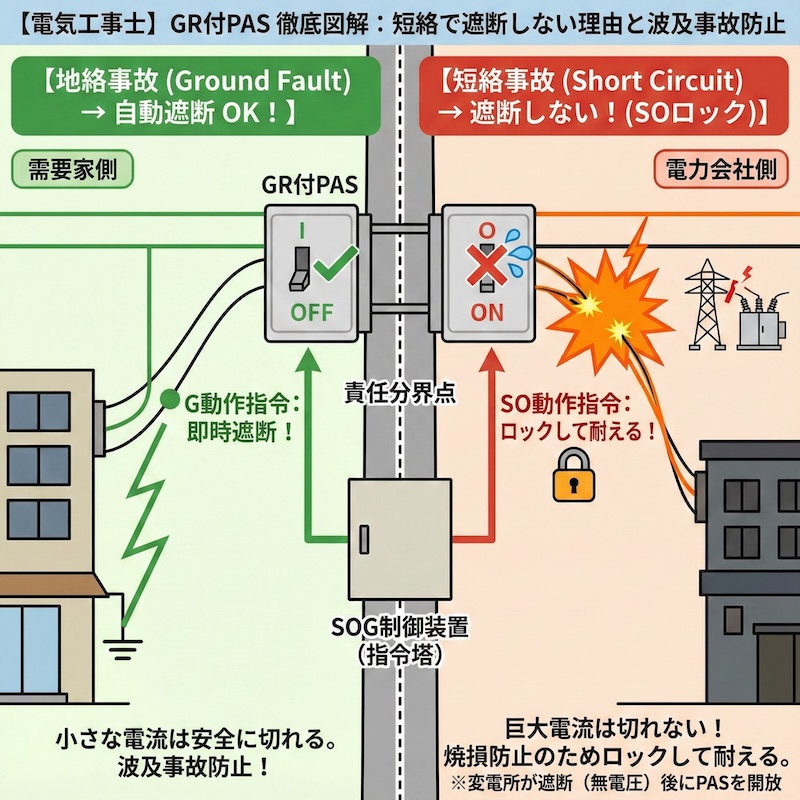 【電気工事士】GR付PAS（地絡継電装置付高圧交流負荷開閉器）徹底解説！短絡で遮断しない理由と波及事故防止のまとめ解説画像