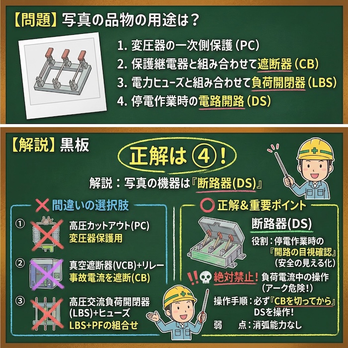 【電気工事士】断路器(DS)の役割と「絶対禁止」の操作とは？遮断器との違いや過去問を徹底解説の問題の正誤と選択肢の図解説の黒板解説


