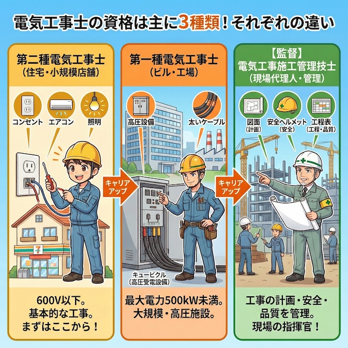 電気工事士の資格は主に3種類！第一種電気工事士、第二種電気工事士、電気工事施工管理技士、それぞれの違い