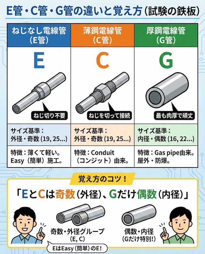E管・C管・G管の違いと覚え方（試験の鉄板）
