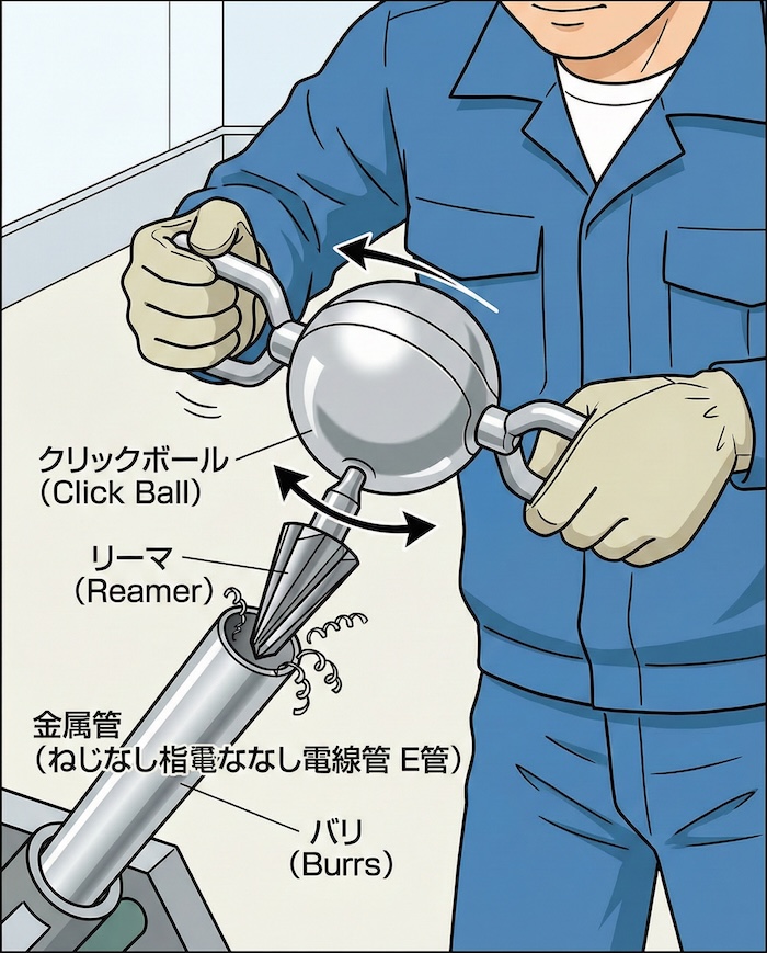 クリックボールにリーマをつけて回している作業風景の図