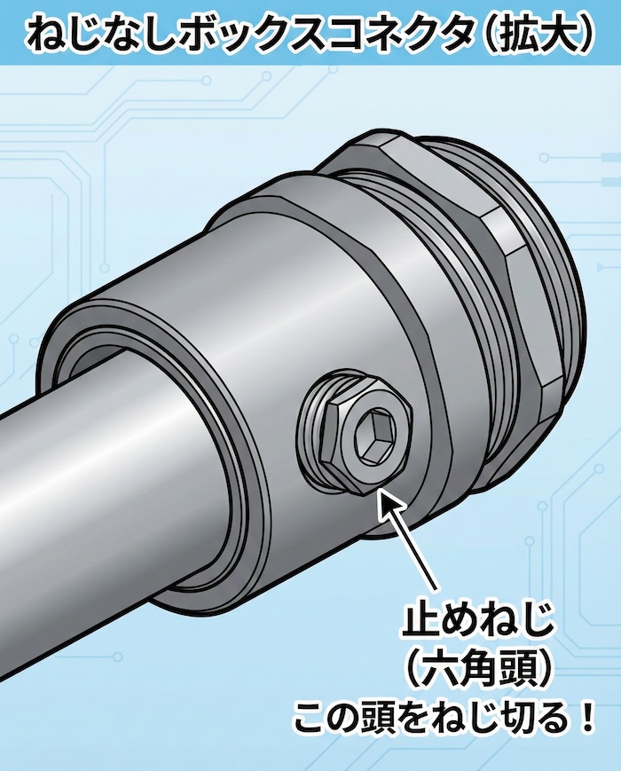 ねじなしボックスコネクタの拡大写真。側面に六角の頭がついたねじが見える