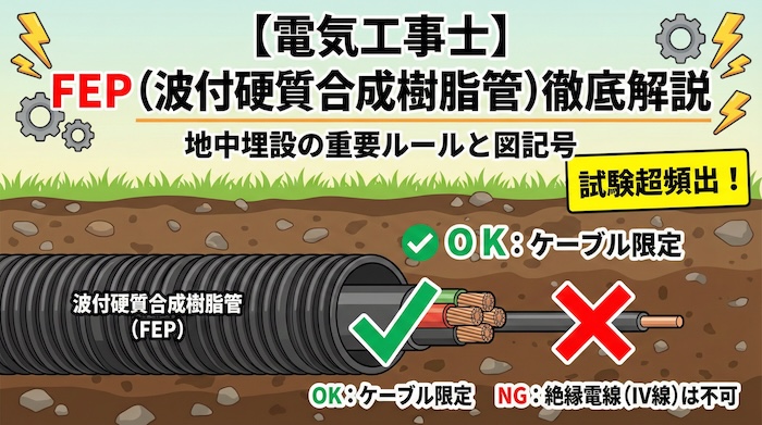 【電気工事士】波付硬質合成樹脂管(FEP)とは？地中埋設の重要ルールと図記号を徹底解説