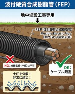 【電気工事士】波付硬質合成樹脂管(FEP)とは?地中埋設の重要ルールと図記号を徹底解説 | テニショクメディア|TENISYOKU