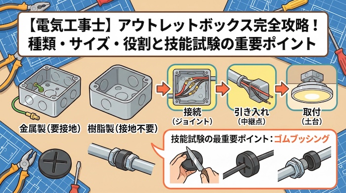 【電気工事士】アウトレットボックス完全攻略！種類・サイズ・役割と技能試験の重要ポイント