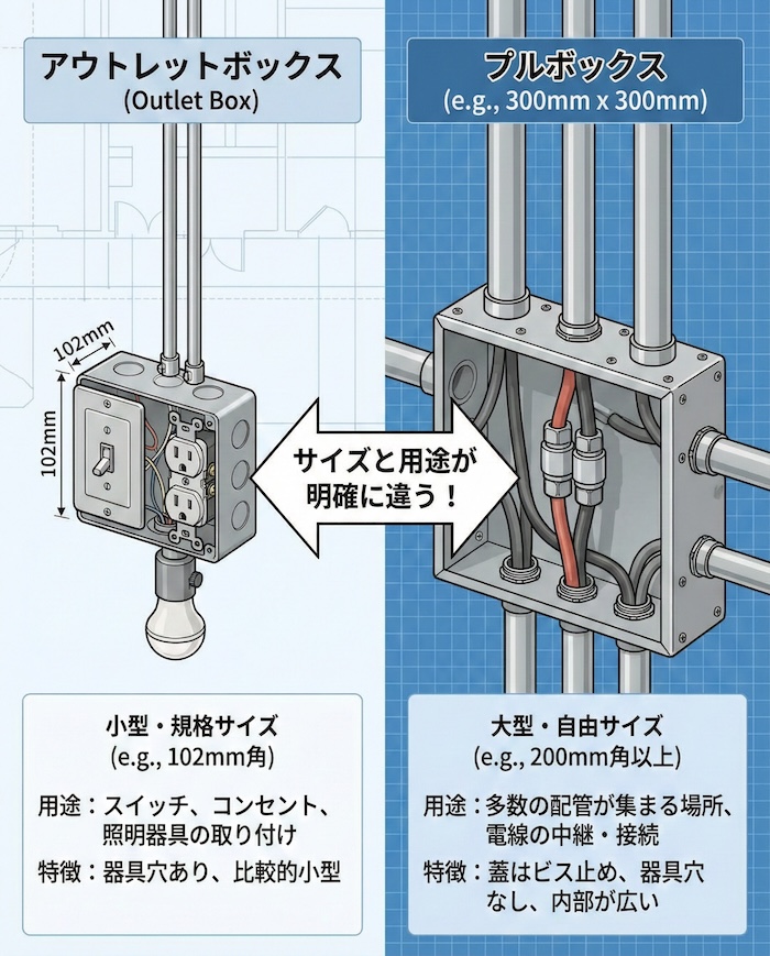 小さいアウトレットボックスと、大きいプルボックスを並べて比較したイラスト