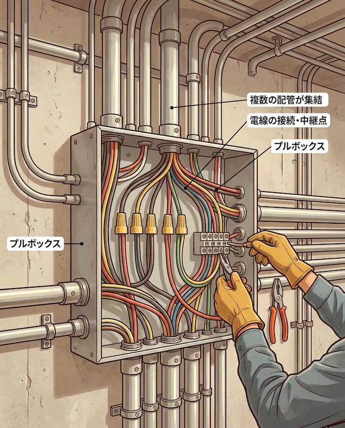 プルボックスを経由して複数の配管が集まっている施工風景の図