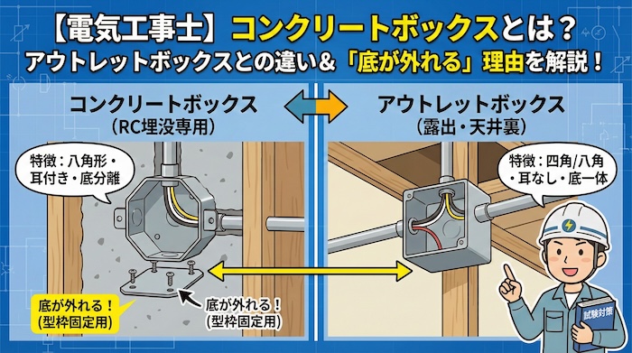 【電気工事士】コンクリートボックスとは？アウトレットボックスとの違いや「底が外れる」理由を徹底解説