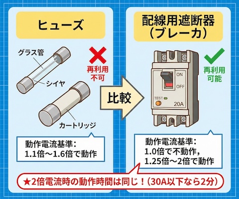ヒューズと配線用遮断器（ブレーカ）の外観写真と比較図
