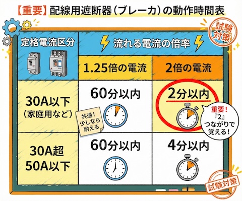 配線用遮断器の動作時間表。30A以下と50A以下の区分、1.25倍と2倍の時間の表