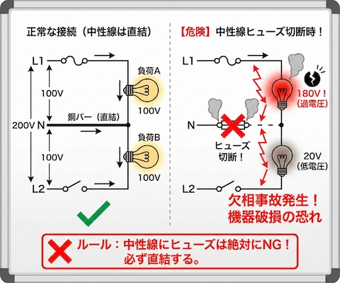 単相3線式回路図。中性線にヒューズを入れてはいけないことを示す図