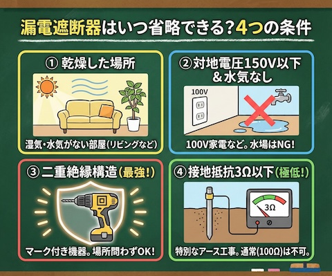 漏電遮断器を省略出来る４つの条件についての解説表

