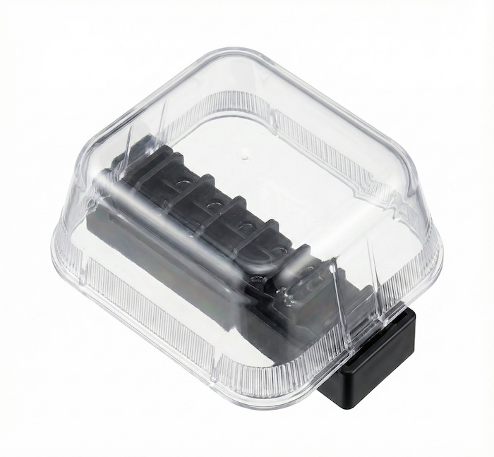 VVF用ジョイントボックスの写真(透明なカバーと黒い台座のもの)