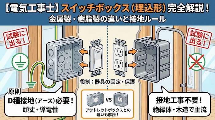 【電気工事士】スイッチボックス（埋込形）を完全解説！金属製と樹脂製の違いや接地ルールとは？