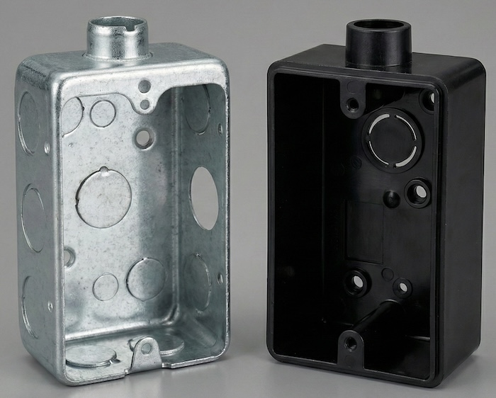 露出形スイッチボックスの金属製と合成樹脂製の写真