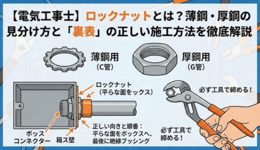 【電気工事士】ロックナットとは？薄鋼・厚鋼の見分け方と「裏表」の正しい施工方法を徹底解説