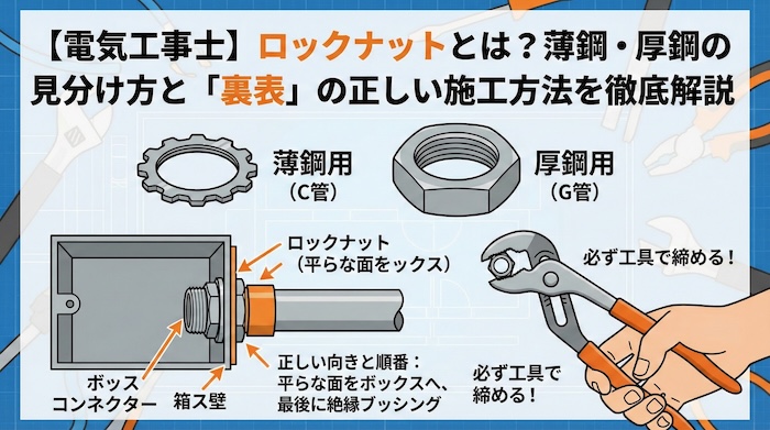 【電気工事士】ロックナットとは？薄鋼・厚鋼の見分け方と「裏表」の正しい施工方法を徹底解説