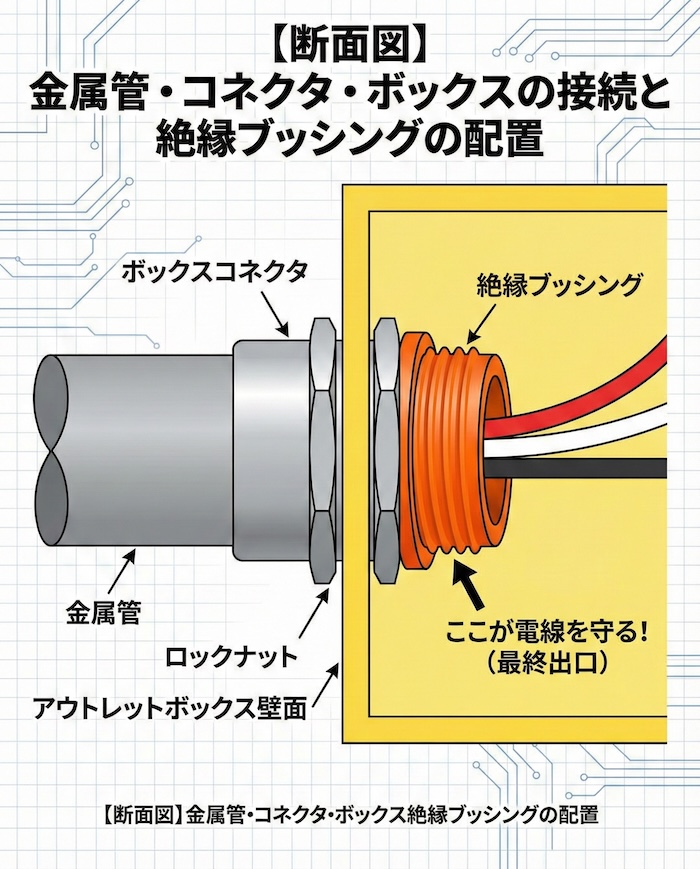 アウトレットボックス内部の断面図。金属管→コネクタ→ボックス壁面→ロックナット→絶縁ブッシングの順で並んでいる図